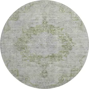Photo of 8' X 8' Olive Green And Silver Oriental Washable Round Rug With UV Protection