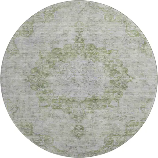 8' X 8' Olive Green And Silver Oriental Washable Round Rug With UV Protection Photo 1