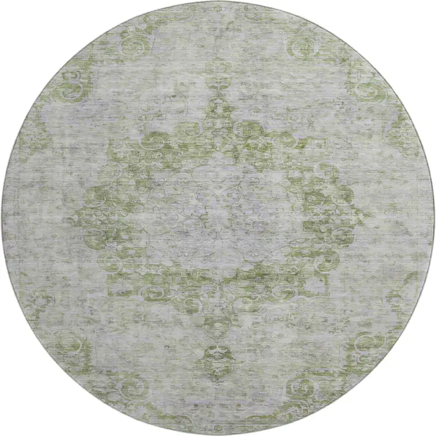 8' X 8' Olive Green And Silver Oriental Washable Round Rug With UV Protection Photo 1