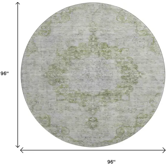 8' X 8' Olive Green And Silver Oriental Washable Round Rug With UV Protection Photo 9