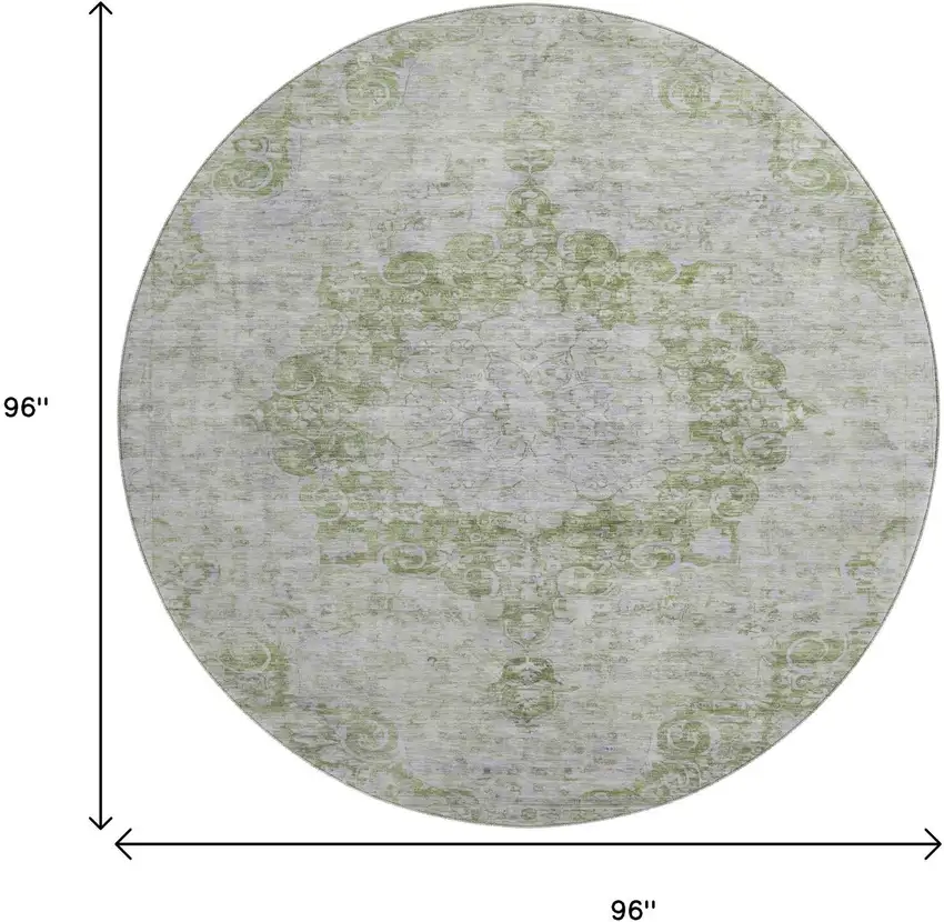 8' X 8' Olive Green And Silver Oriental Washable Round Rug With UV Protection Photo 9