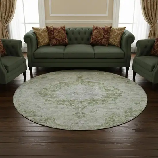 8' X 8' Olive Green And Silver Oriental Washable Round Rug With UV Protection Photo 2