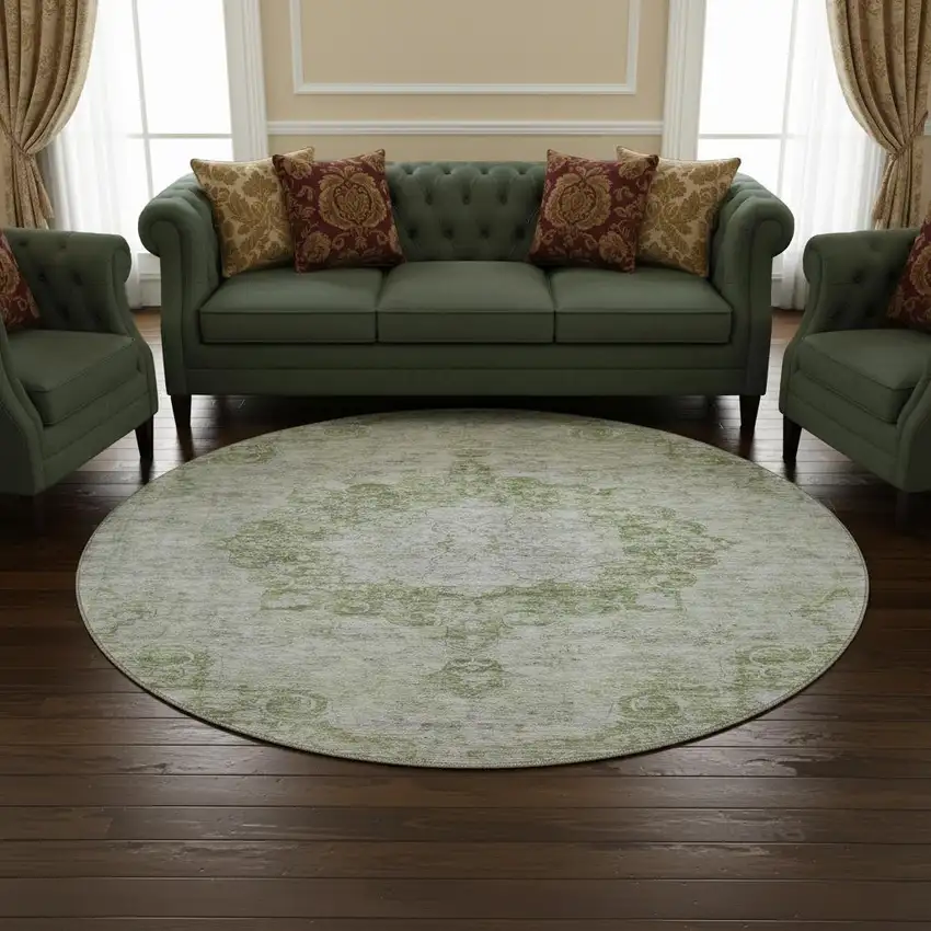 8' X 8' Olive Green And Silver Oriental Washable Round Rug With UV Protection Photo 2