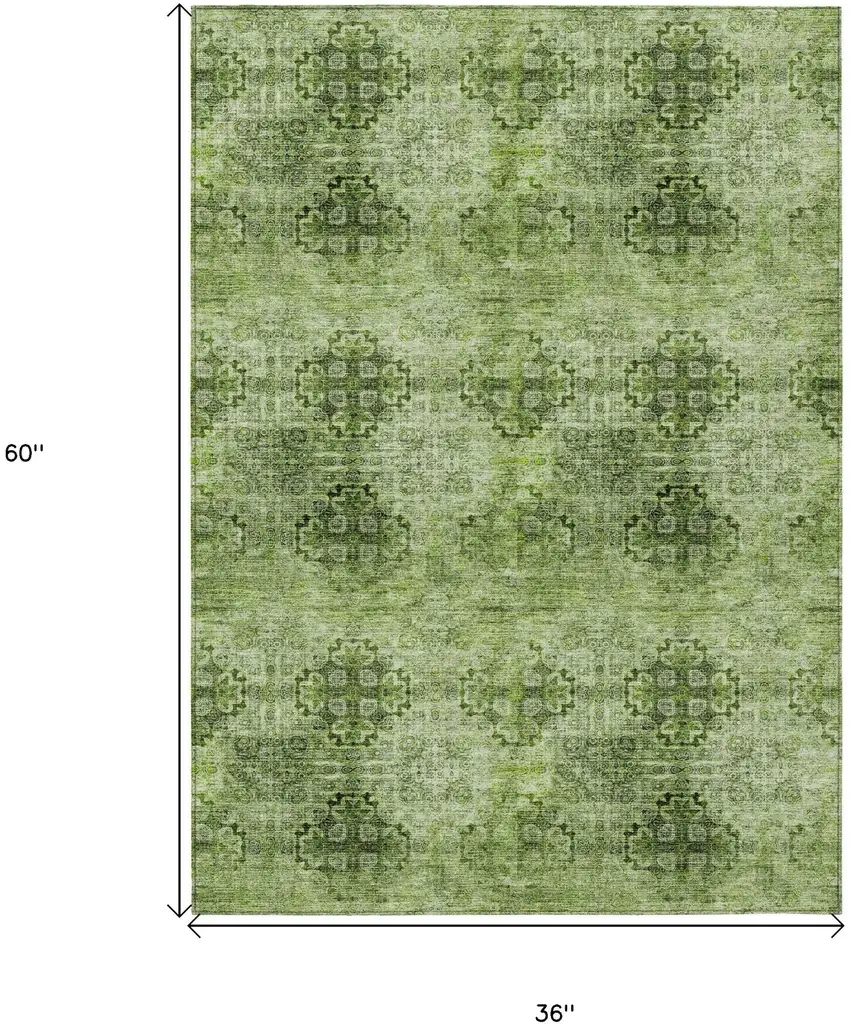 Olive Green Floral Medallion Washable Non Skid Indoor Outdoor Area Rug Photo 3
