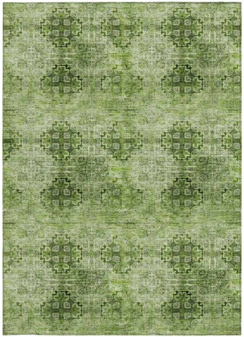 Olive Green Floral Medallion Washable Non Skid Indoor Outdoor Area Rug Photo 4