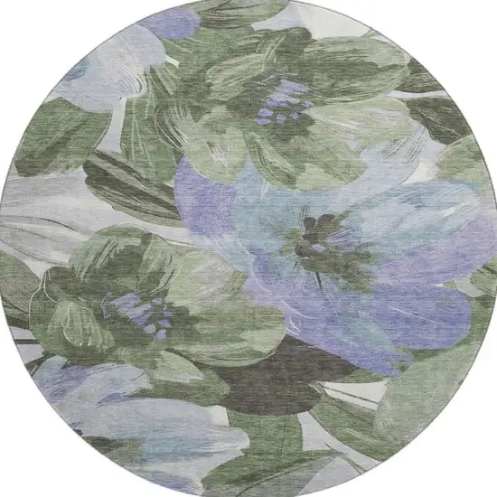 8' X 8' Olive Green Ivory And Lavender Floral Washable Round Rug With UV Protection Photo 3