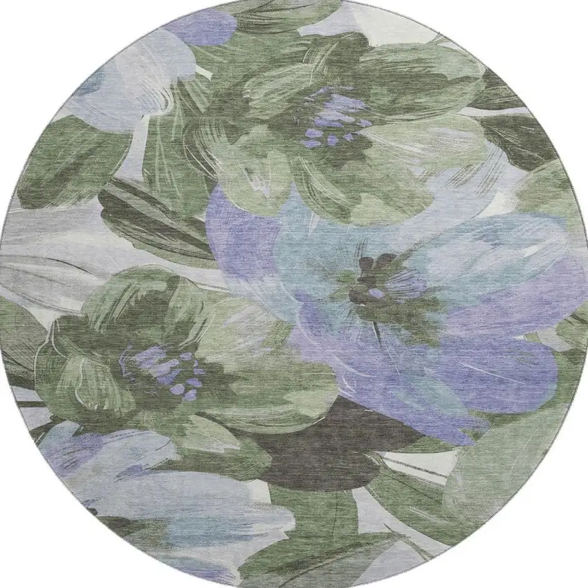 8' X 8' Olive Green Ivory And Lavender Floral Washable Round Rug With UV Protection Photo 3
