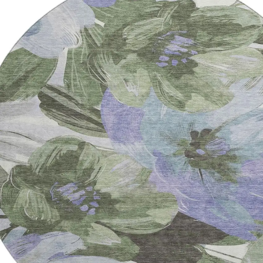 8' X 8' Olive Green Ivory And Lavender Floral Washable Round Rug With UV Protection Photo 2