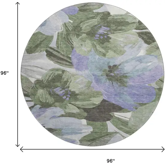 8' X 8' Olive Green Ivory And Lavender Floral Washable Round Rug With UV Protection Photo 9