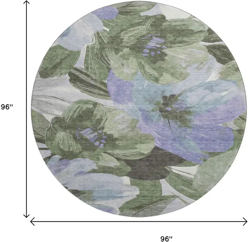 8' X 8' Olive Green Ivory And Lavender Floral Washable Round Rug With UV Protection Photo 9