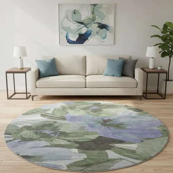 8' X 8' Olive Green Ivory And Lavender Floral Washable Round Rug With UV Protection Photo 2