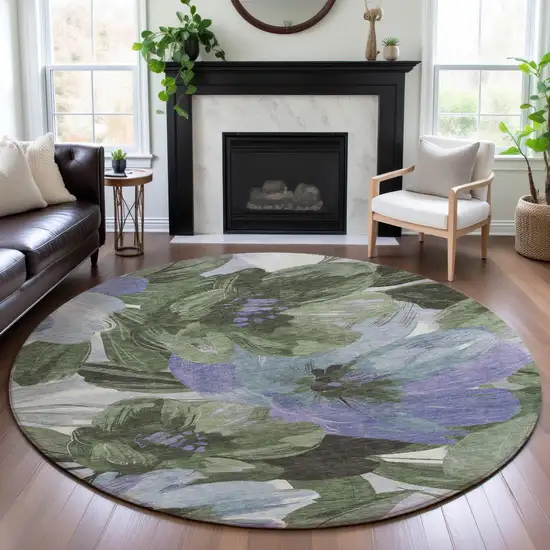8' X 8' Olive Green Ivory And Lavender Floral Washable Round Rug With UV Protection Photo 4