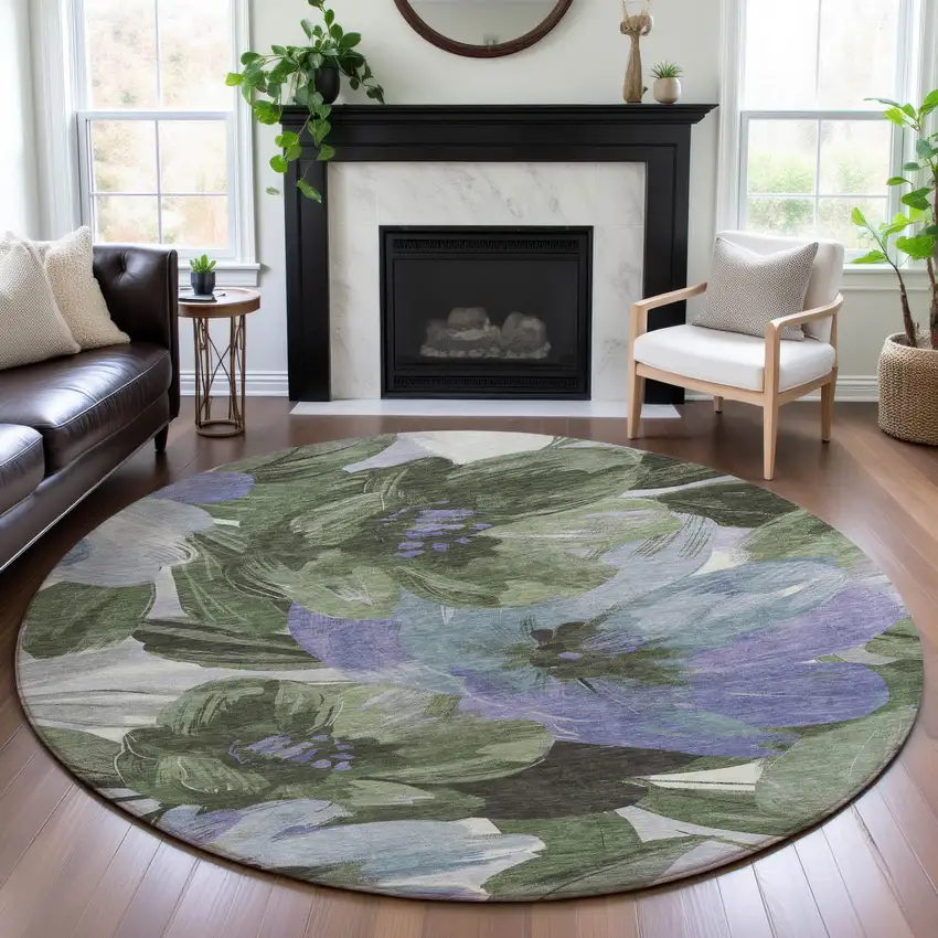8' X 8' Olive Green Ivory And Lavender Floral Washable Round Rug With UV Protection Photo 4
