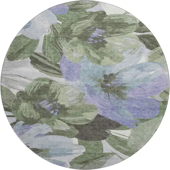 8' X 8' Olive Green Ivory And Lavender Floral Washable Round Rug With UV Protection Photo 1