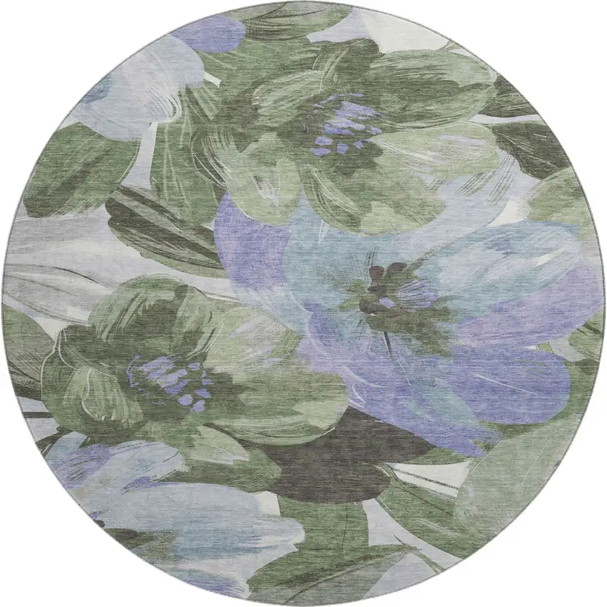8' X 8' Olive Green Ivory And Lavender Floral Washable Round Rug With UV Protection Photo 1