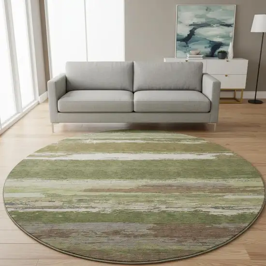 8' X 8' Olive Green Silver And Brown Abstract Washable Round Rug With UV Protection Photo 2