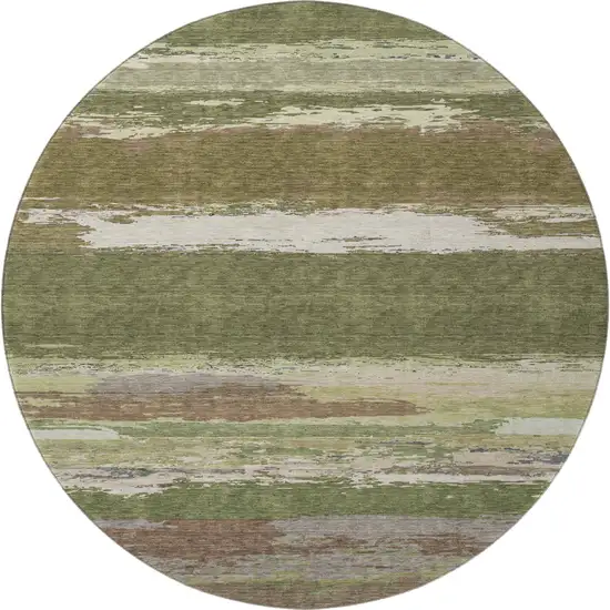 8' X 8' Olive Green Silver And Brown Abstract Washable Round Rug With UV Protection Photo 2