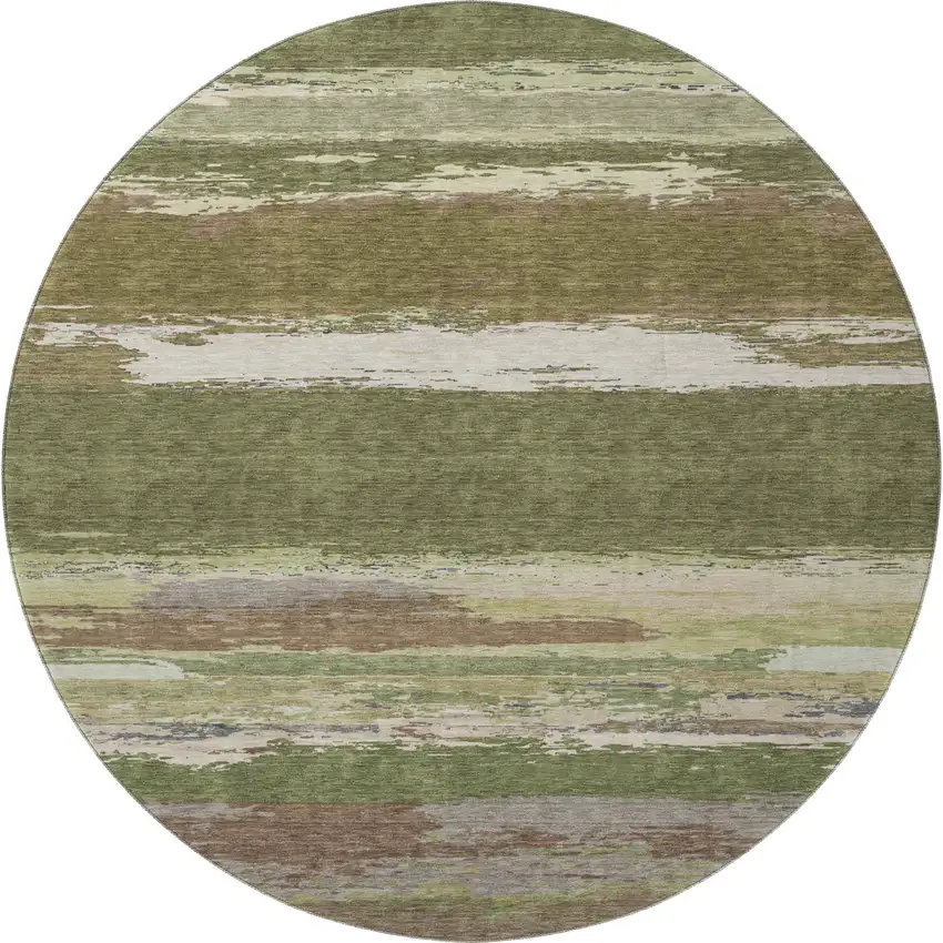 8' X 8' Olive Green Silver And Brown Abstract Washable Round Rug With UV Protection Photo 2