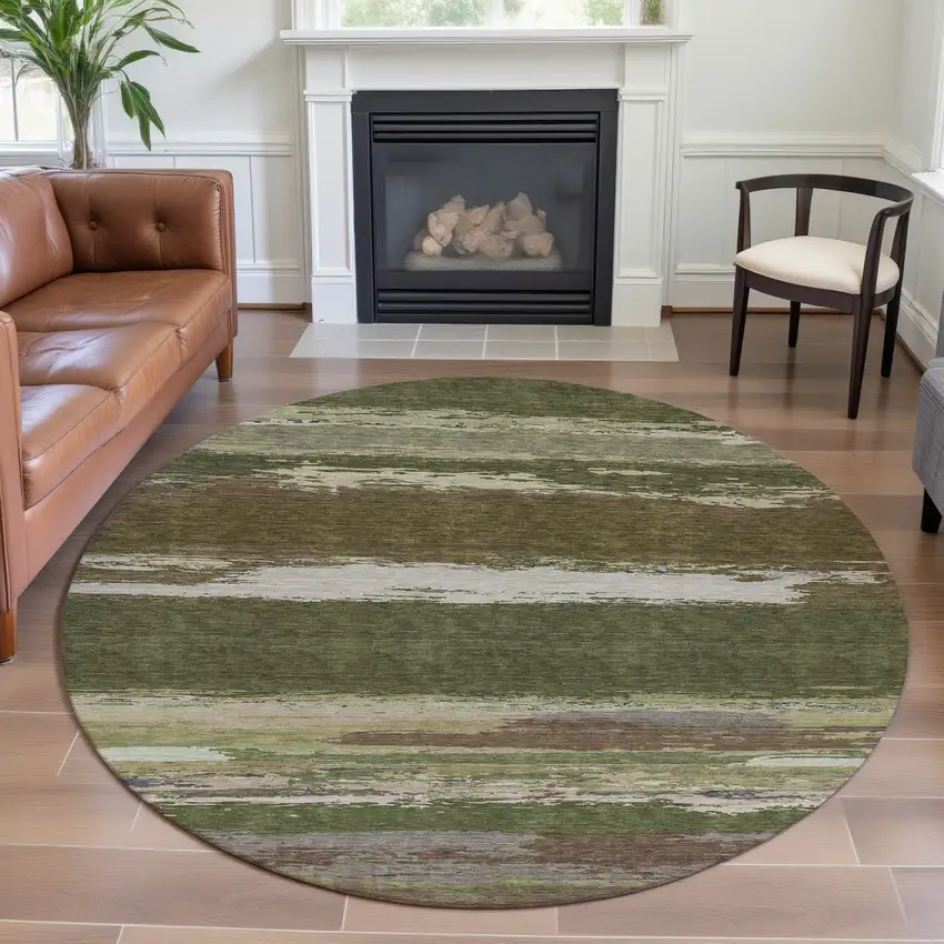 8' X 8' Olive Green Silver And Brown Abstract Washable Round Rug With UV Protection Photo 3
