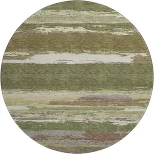Photo of 8' X 8' Olive Green Silver And Brown Abstract Washable Round Rug With UV Protection