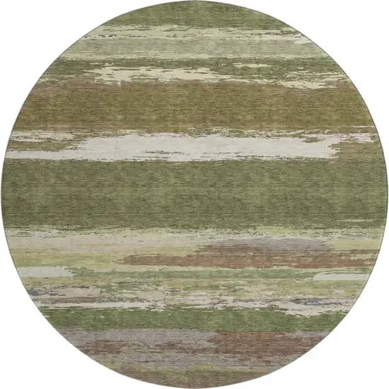 8' X 8' Olive Green Silver And Brown Abstract Washable Round Rug With UV Protection Photo 1