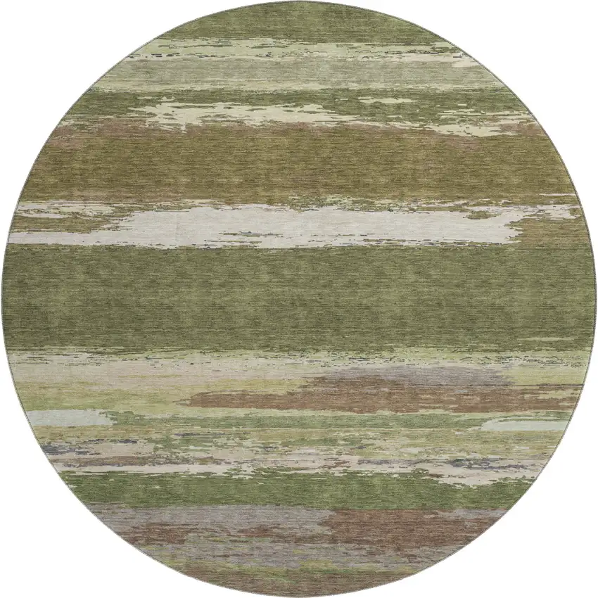 8' X 8' Olive Green Silver And Brown Abstract Washable Round Rug With UV Protection Photo 1
