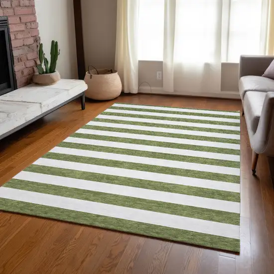 Olive Green Striped Washable Non Skid Indoor Outdoor Area Rug Photo 9