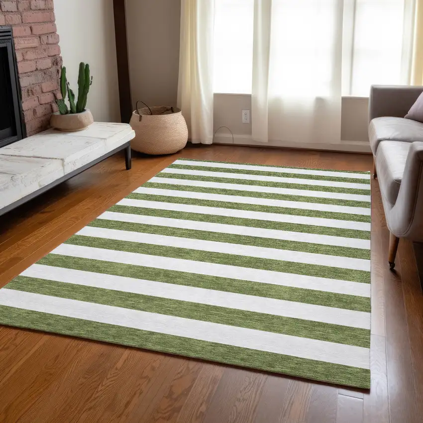 Olive Green Striped Washable Non Skid Indoor Outdoor Area Rug Photo 9