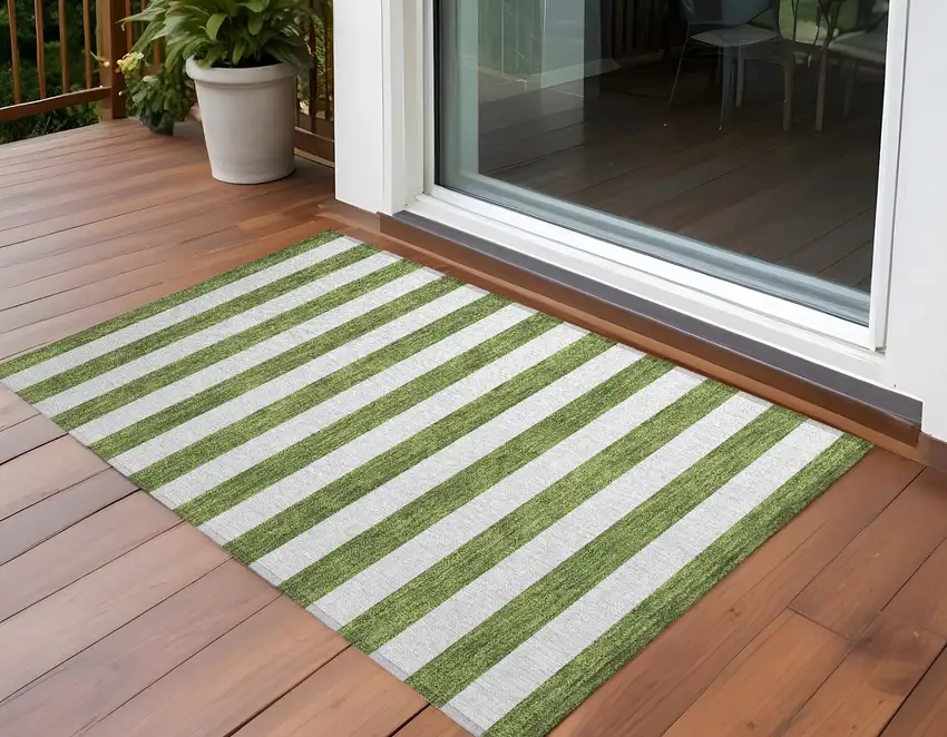 Olive Green Striped Washable Non Skid Indoor Outdoor Area Rug Photo 1