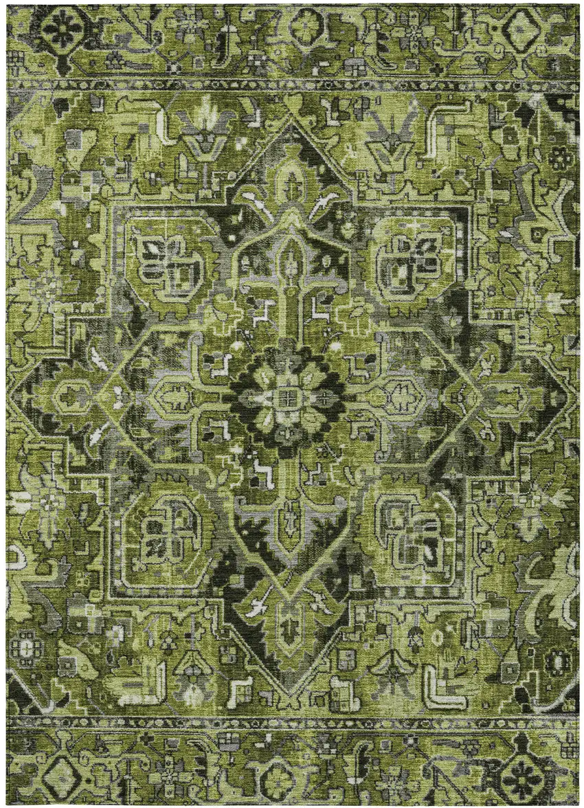 3' X 5' Olive Green and Dark Green Oriental Washable Non Skid Indoor Outdoor Area Rug Photo 4
