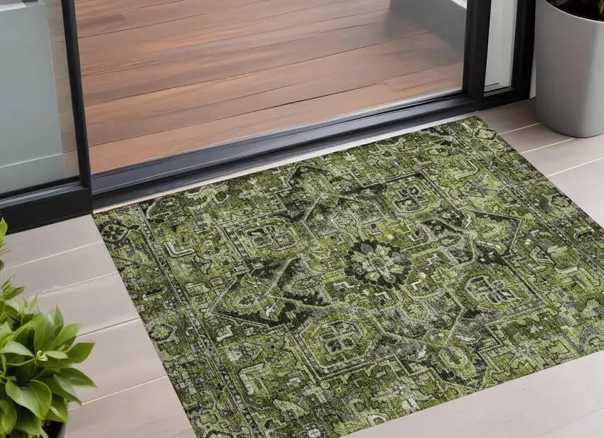 Olive Green and Dark Green Oriental Washable Non Skid Indoor Outdoor Area Rug Photo 1