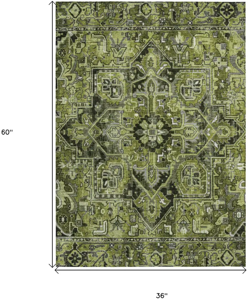 Olive Green and Dark Green Oriental Washable Non Skid Indoor Outdoor Area Rug Photo 3