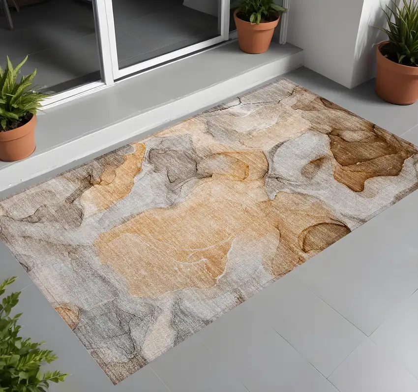 3' X 4' Orange Abstract Washable Non Skid Indoor Outdoor Area Rug Photo 1