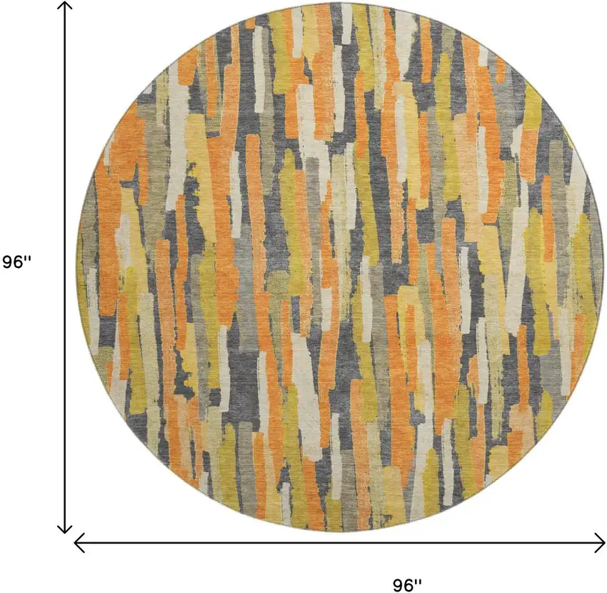8' X 8' Orange Gold And Ivory Striped Washable Round Rug With UV Protection Photo 8