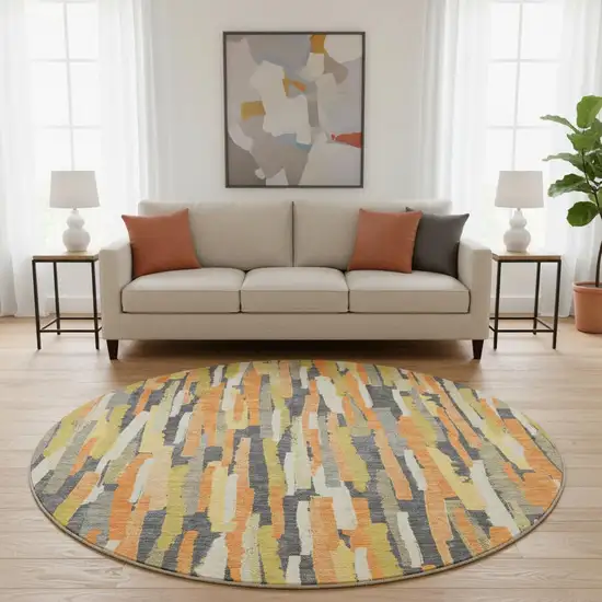 8' X 8' Orange Gold And Ivory Striped Washable Round Rug With UV Protection Photo 2