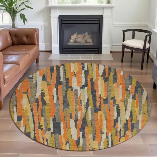 8' X 8' Orange Gold And Ivory Striped Washable Round Rug With UV Protection Photo 3