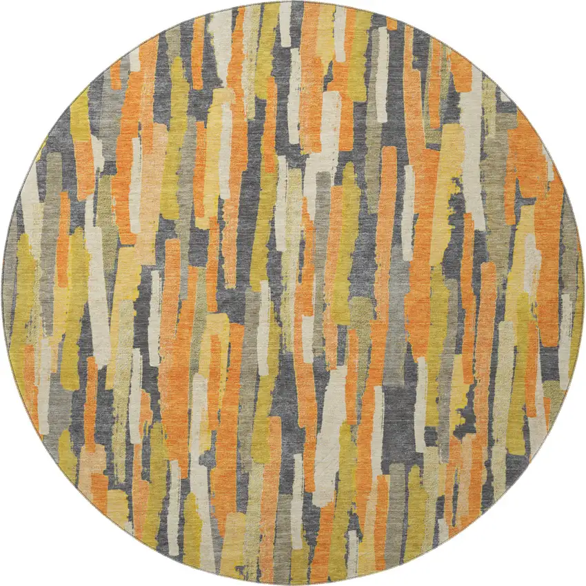 8' X 8' Orange Gold And Ivory Striped Washable Round Rug With UV Protection Photo 2