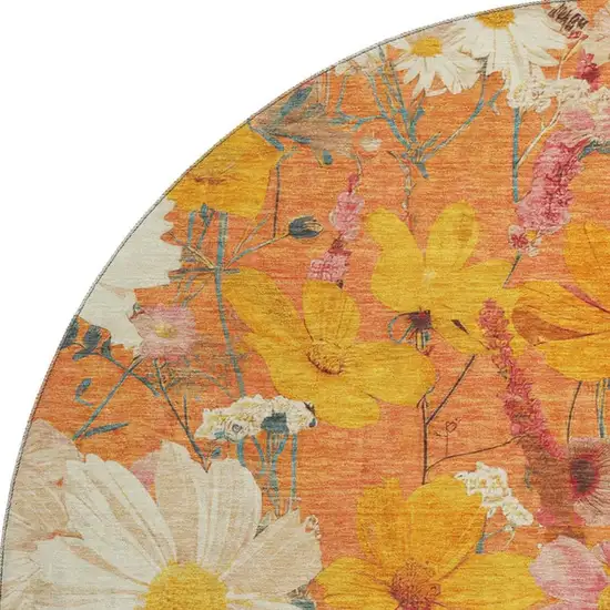 8' X 8' Orange Ivory And Pink Floral Washable Round Rug With UV Protection Photo 2