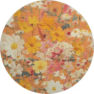 Photo of 8' X 8' Orange Ivory And Pink Floral Washable Round Rug With UV Protection
