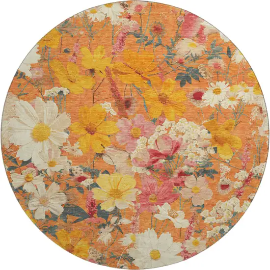 8' X 8' Orange Ivory And Pink Floral Washable Round Rug With UV Protection Photo 1