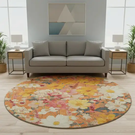 8' X 8' Orange Ivory And Pink Floral Washable Round Rug With UV Protection Photo 2