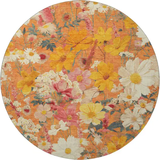 8' X 8' Orange Ivory And Pink Floral Washable Round Rug With UV Protection Photo 3