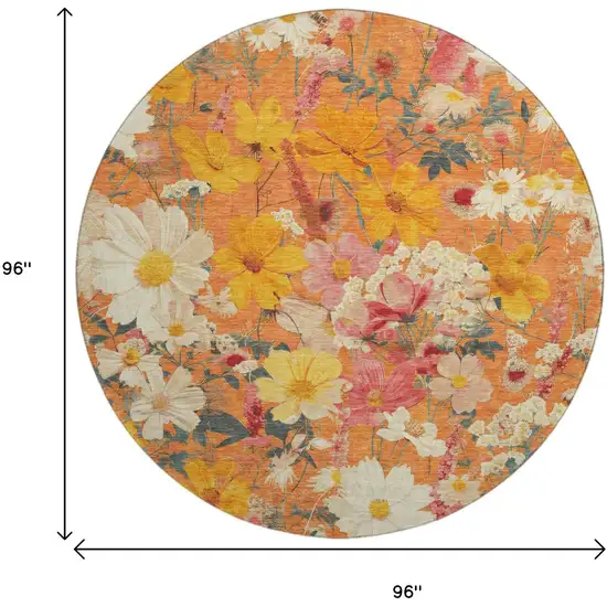 8' X 8' Orange Ivory And Pink Floral Washable Round Rug With UV Protection Photo 9