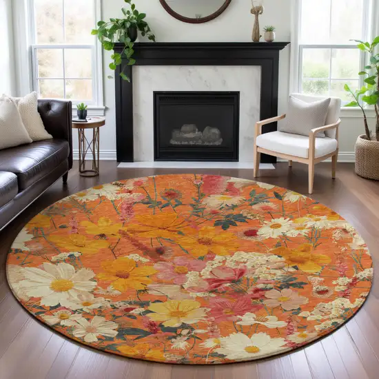8' X 8' Orange Ivory And Pink Floral Washable Round Rug With UV Protection Photo 4