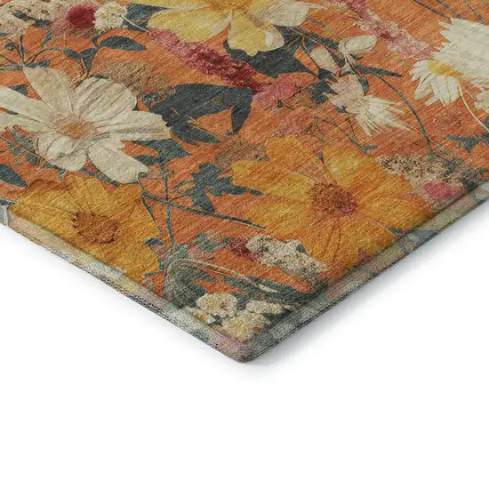8' X 8' Orange Ivory And Pink Floral Washable Round Rug With UV Protection Photo 6