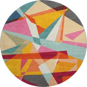 Photo of 8' X 8' Orange Red Blue And Gold Geometric Washable Round Rug With UV Protection