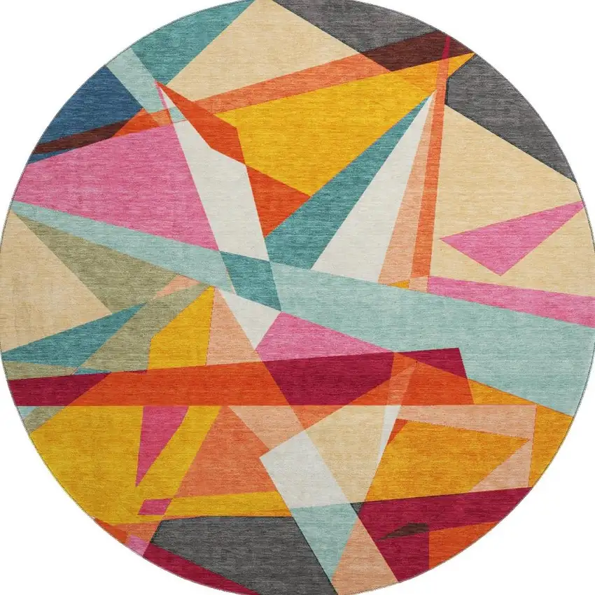 8' X 8' Orange Red Blue And Gold Geometric Washable Round Rug With UV Protection Photo 3