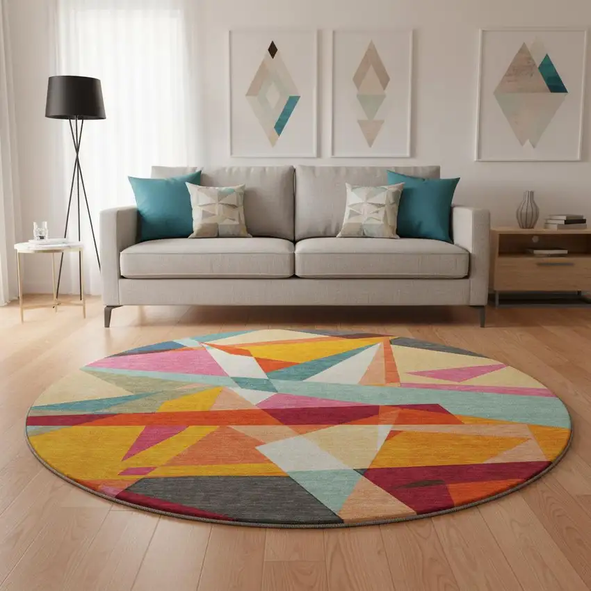 8' X 8' Orange Red Blue And Gold Geometric Washable Round Rug With UV Protection Photo 2