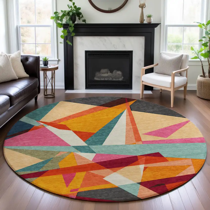 8' X 8' Orange Red Blue And Gold Geometric Washable Round Rug With UV Protection Photo 4