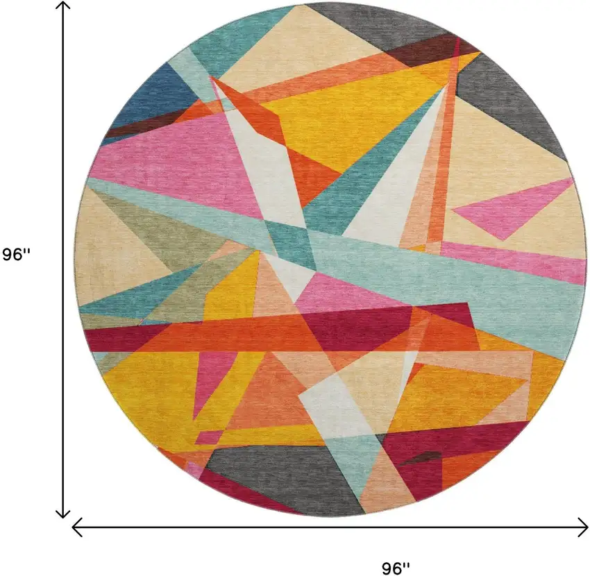 8' X 8' Orange Red Blue And Gold Geometric Washable Round Rug With UV Protection Photo 9